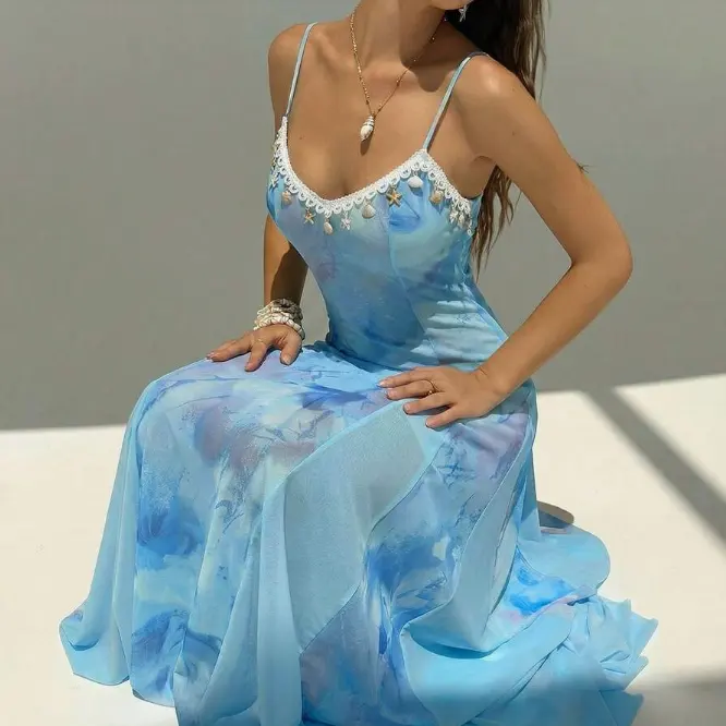 Aloruh 新款浪漫度假波西米亚风花卉网纱拼接连衣裙