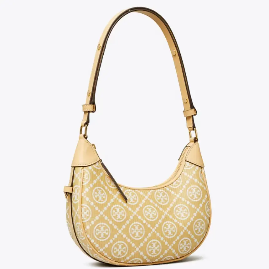 补货！Tory Burch 汤丽柏琦 Raffia 老花半月包