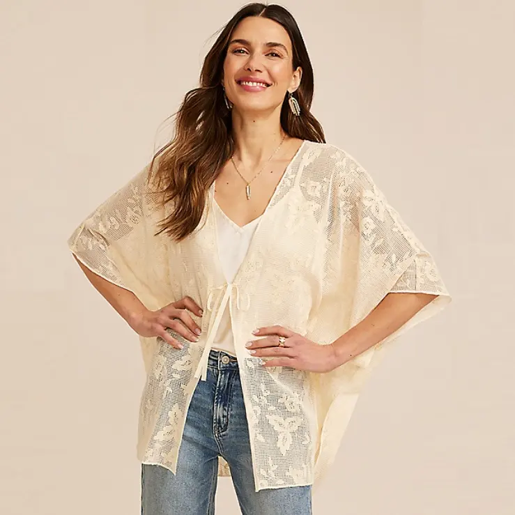 Maurices 花卉钩织和服式外套