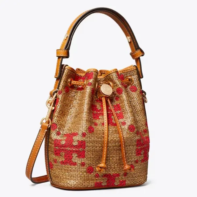 Tory Burch 汤丽柏琦 草编款 迷你老花水桶包
