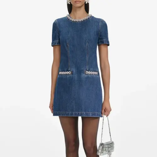 Self-Portrait 牛仔水晶边连衣裙