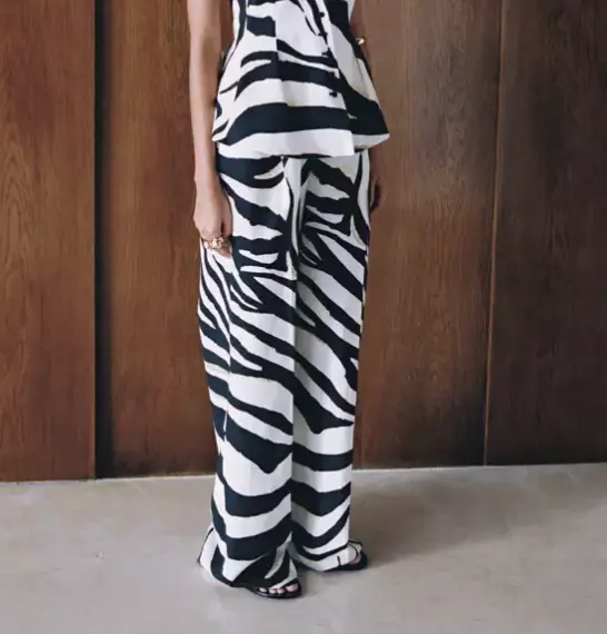 Mango 斑马纹亚麻阔腿裤