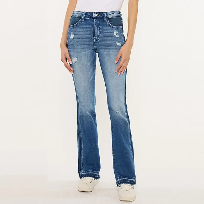 KanCan™ 高腰毛边拼接微喇牛仔裤