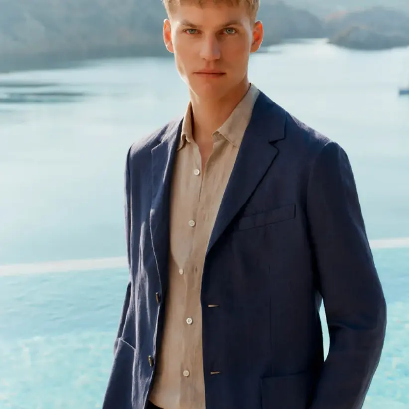 Sunspel：男装新季上新 颜色、款式等 亚麻海军蓝西装外套£565