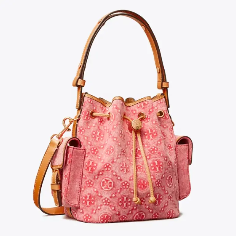 Tory Burch 汤丽柏琦 亮红色 老花牛仔水桶包