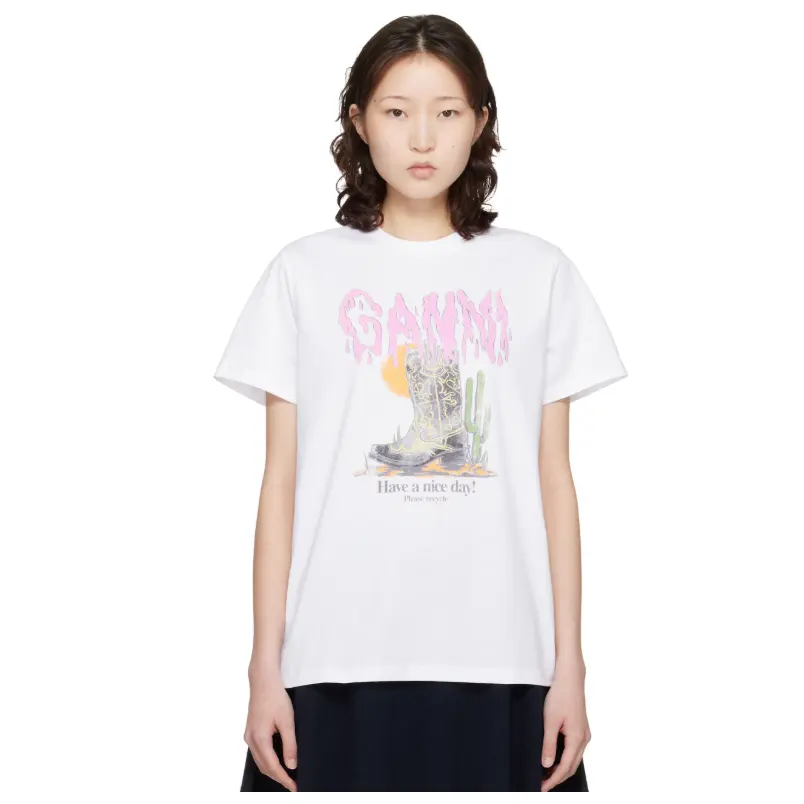 降价！GANNI 白色 Western Boot Print T 恤