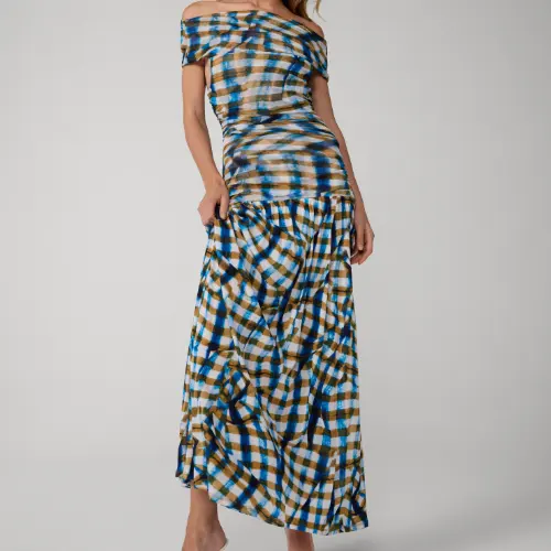 DVF Cynthia 一字肩格子长裙