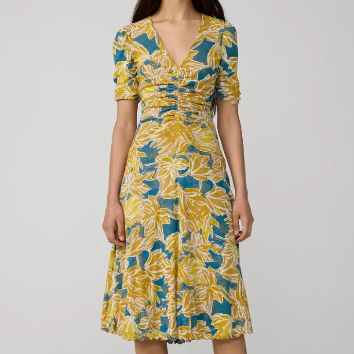 DVF Koren 北非金棕榈/蓝色光影格纹裹身裙