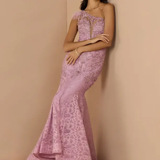 Mac Duggal 粉色蕾丝单肩羽毛装饰礼服