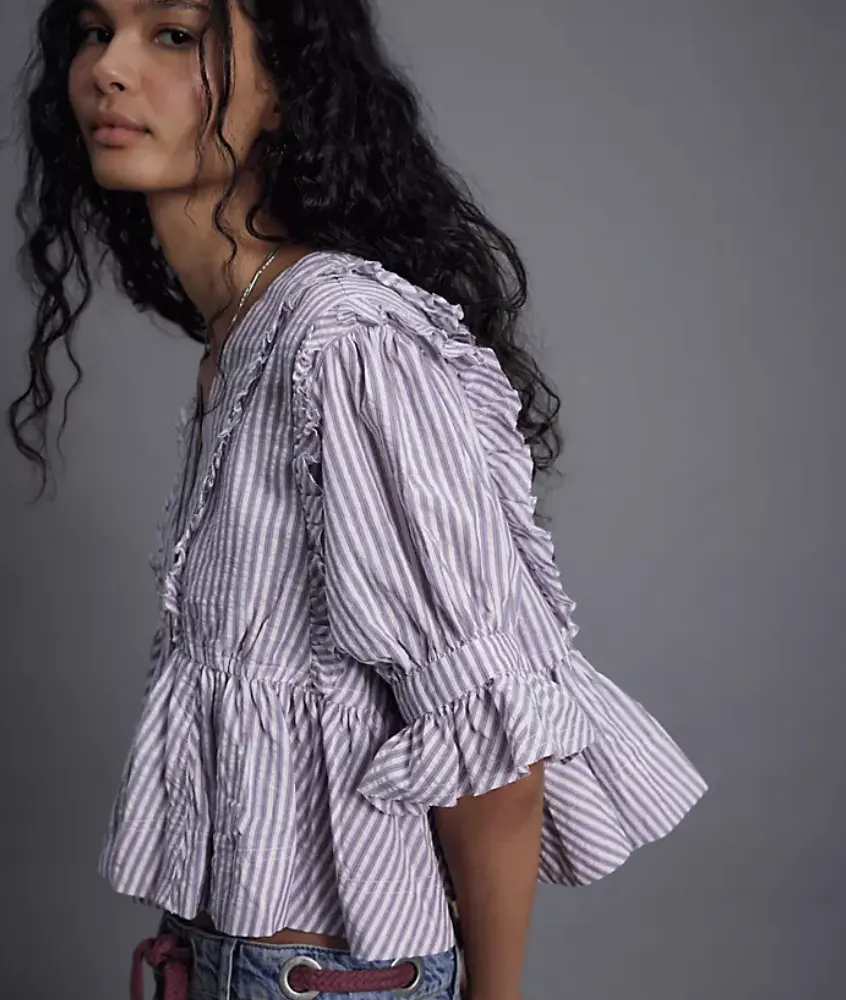 Free People 荷叶边条纹上衣