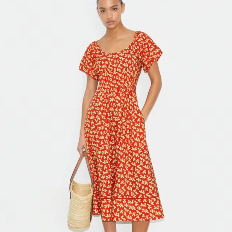 Tory Burch 汤丽柏琦 橙色碎花圆领连衣裙