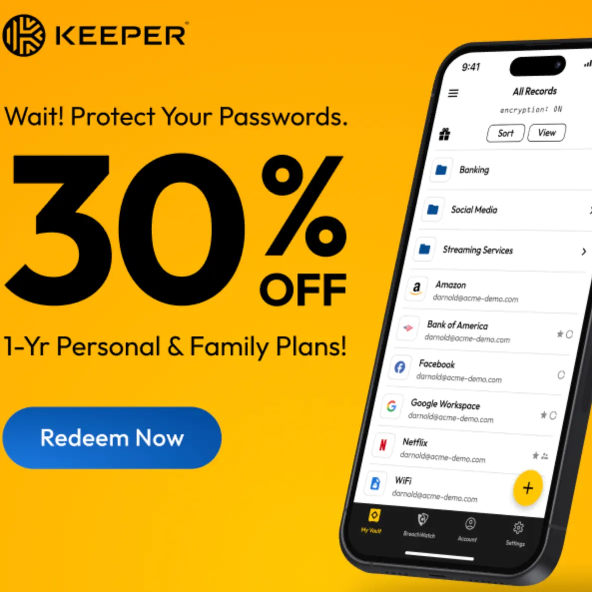 keepersecurity.com：个人版及家庭版一年期套餐立享 7 折优惠