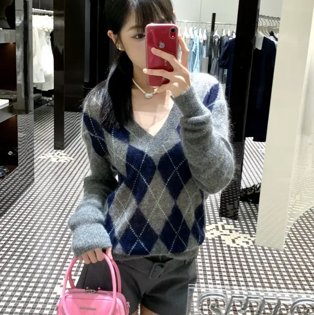 库存浅！SHUSHU/TONG 菱格纹针织衫