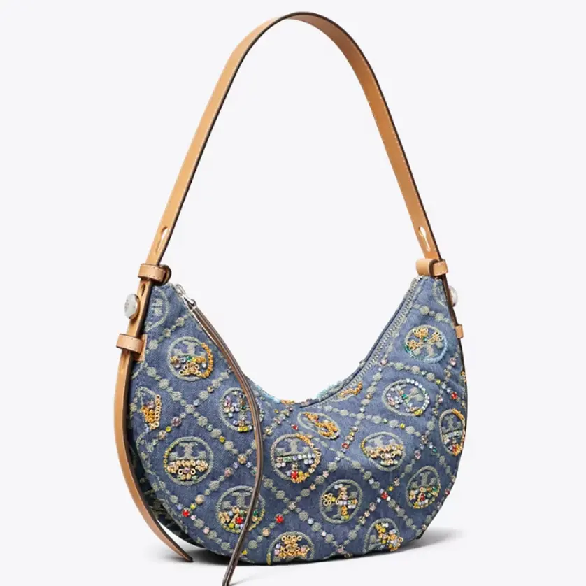 Tory Burch 汤丽柏琦 刺绣串珠款 牛仔老花新月包