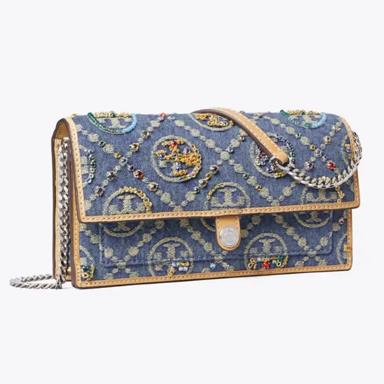 Tory Burch 汤丽柏琦 牛仔老花刺绣斜跨钱包