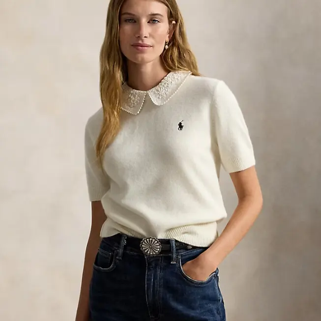 Polo Ralph Lauren 拉夫劳伦蕾丝领短袖针织套头衫