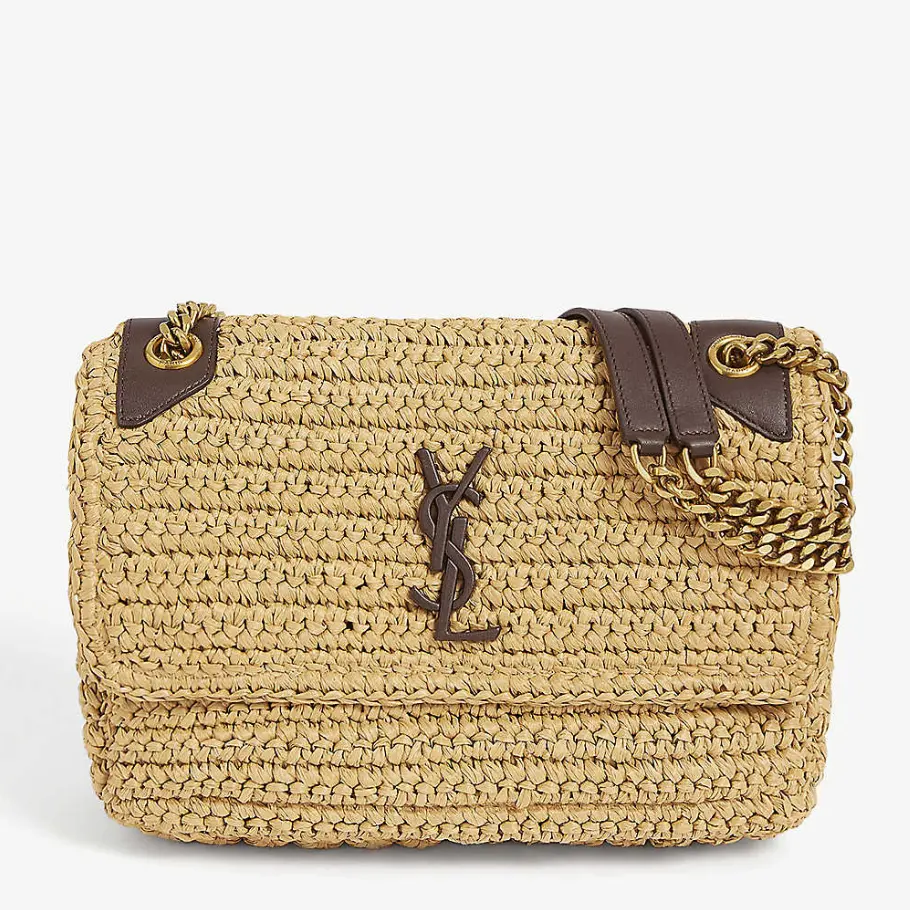 SAINT LAURENT Niki 中号草编和皮革单肩包
