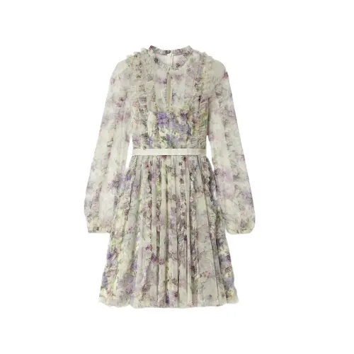 NEEDLE & THREAD Lilacs Garland 缎布边饰褶饰花卉绢网迷你连衣裙