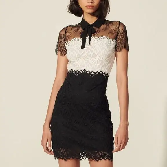 Sandro 黑白拼接蕾丝连衣裙