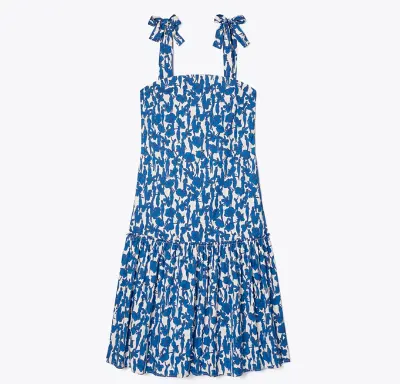 明星同款！Tory Burch Tie-Shoulder蓝色印花连衣裙