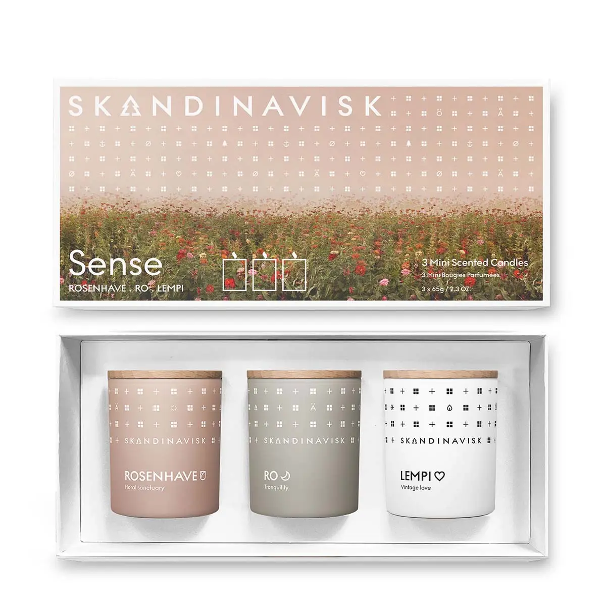 Skandinavisk SENSE迷你香薰蜡烛套装 玫瑰花园/宁静/爱 3x65g