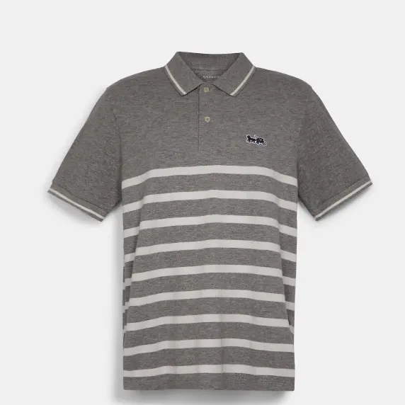 仅剩xs！Coach 蔻驰 Striped Pique 灰色马车标POLO衫