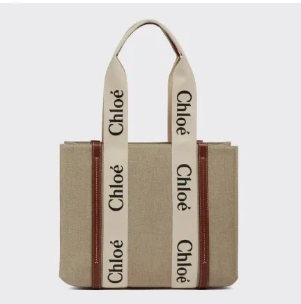 补货！Chloé Woody Medium Logo 蔻依 中号帆布托特包