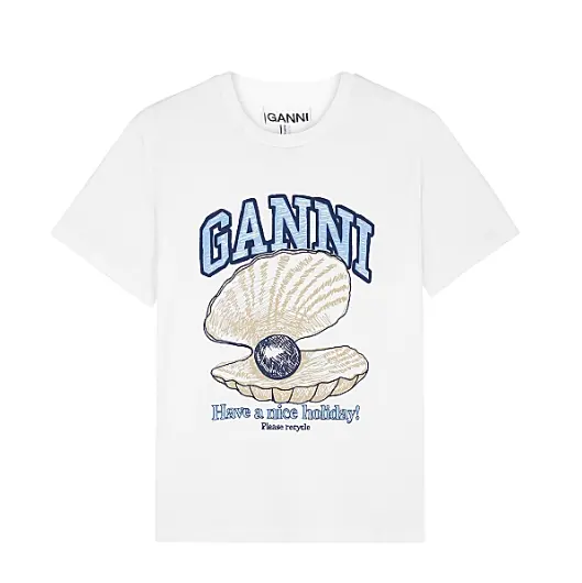 HN独家款！GANNI 贝壳珍珠logo 白色T恤