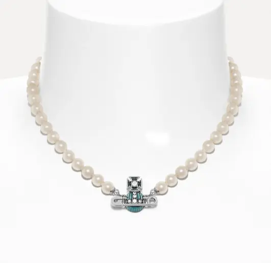 待补！Vivienne Westwood 西太后 KITTY  别针蓝色土星珍珠项链