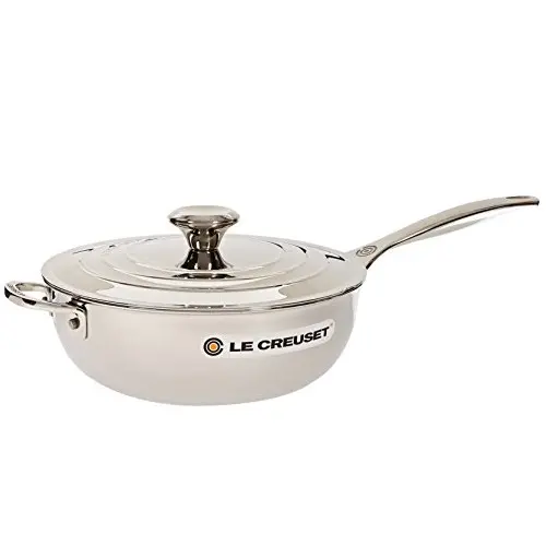 Le Creuset SSP6100-24 Tri-Ply Stainless Steel Saucier Pan with Lid and Helper Handle, 3.5-Quart