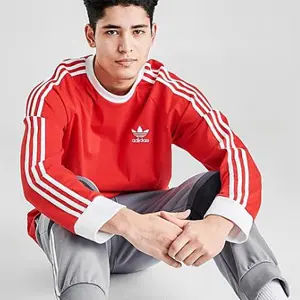 ADIDAS ORIGINALS 3道杠男士长款T恤 红色