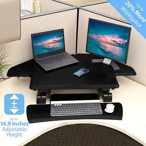 Seville Classics airLIFT Height Adjustable Stand Up Desk Converter/Riser - Keyboard Tray, Dual Monitors, Quick Lift Levers Ergonomic Table, Corner (43"), Black