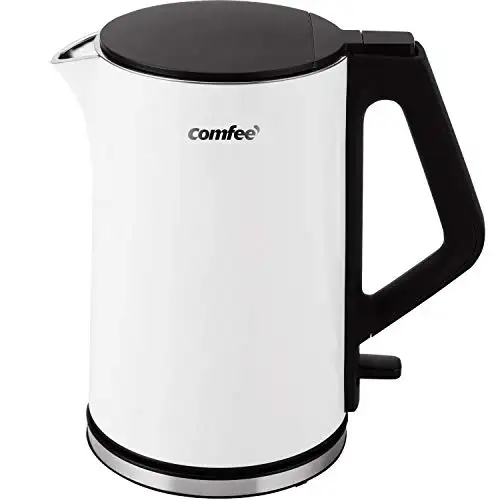 COMFEE' 1.5L Double Wall Stainless Steel Electric Kettle with 100% Stainless Steel Inner Pot and Lid. Cool Touch & BPA Free