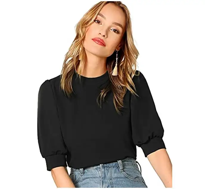 SheIn Women's Puff Sleeve Casual Solid Top Pullover Keyhole Back Blouse 