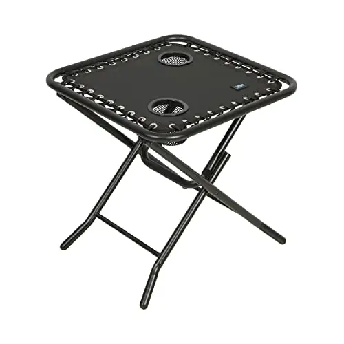 Bliss Hammocks GFC-TBL-BK 20" Folding Side Table w/ 2 Built-in Cup Holders, Outdoor, Patio, Deck, Foldable, Durable, Weather Resistant, Flexible Sling Material, Steel Frame, Black 