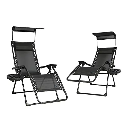 Bliss Hammocks Set of 2 Zero Gravity Chairs, w/Canopy, Pillow and Side Tray, 26" W, Foldable, Adjustable Lounge Recliner, Outdoor Lawn & Patio, Weather Resistant, 300 lbs Capacity, Black 