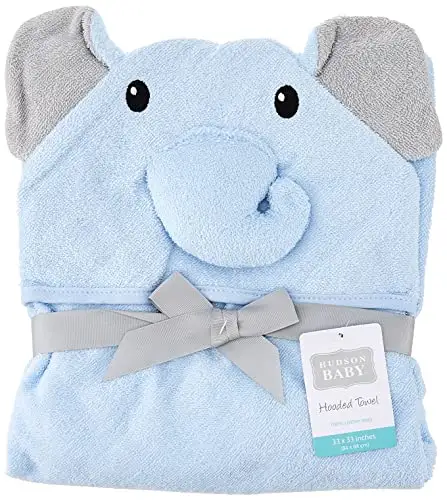 Hudson Baby Unisex Baby Animal Face Hooded 33"x33" Towels: Light Blue Elephant