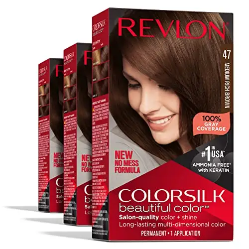 Permanent Hair Color by Revlon, Permanent Hair Dye, Colorsilk with 100% Gray Coverage, Ammonia-Free, Keratin and Amino Acids, 047 Medium Rich Brown, (Pack of 3)