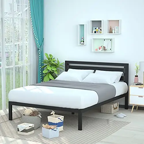 Amazon Basics Metal Bed with Modern Industrial Design Headboard - 14 Inch Height for Under-Bed Storage - Wood Slats - Easy Assemble, Queen, Black, List Price is