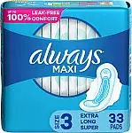 33-Count Always Women's Maxi Feminine Pads (Size 3, Unscented)