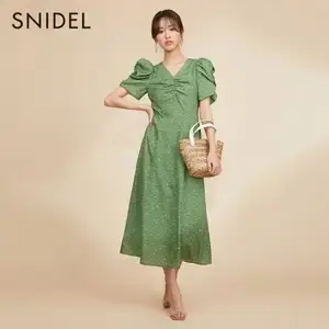 SNIDEL 2023夏新品复古V领印花泡泡袖连衣裙 SWFO231226