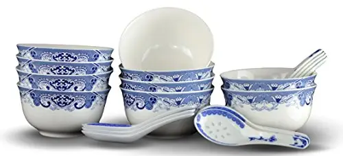 精美的青花陶瓷汤碗(含瓷勺),10件组