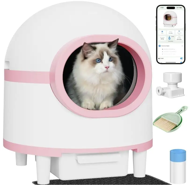 KIKGUZE Self Cleaning Cat Litter Box, Automatic Cat Litter Box Self Cleaning for Multiple Cats, Safety Protection Smart Litter Box with APP Control Health Monitor & Odor Removal, Includes Mat & Liner