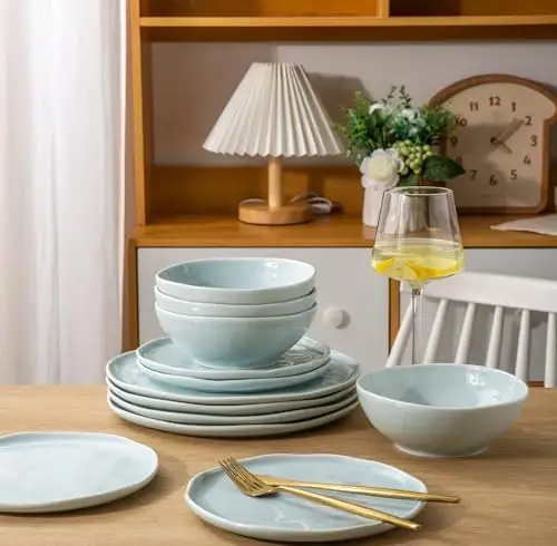 [手工制作]LERATIO优雅波浪陶瓷碗盘套装-浅蓝色