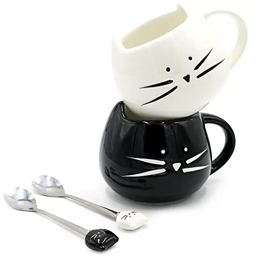 黑白猫咪马克杯套装+不锈钢勺超可爱
