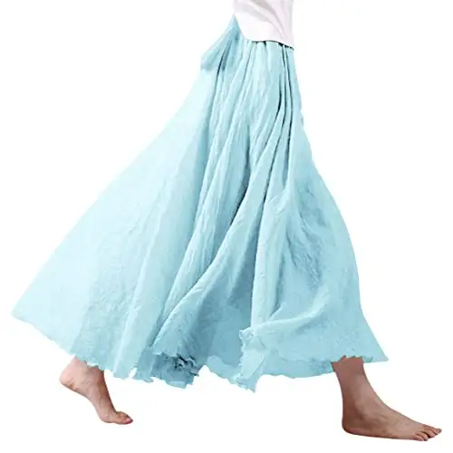 波西米亚棉麻双层长裙, 浅蓝色