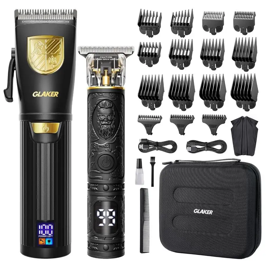 GLAKER Hair Clippers for Men Professional, Cordless Clippers for Hair Cutting, Mens Hair Clippers and Trimmer Kit for Barber with LED Display 15 Guide Combs,Mens Gifts