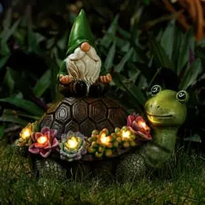 Garden Gnome on Turtle Statue with Solar Light