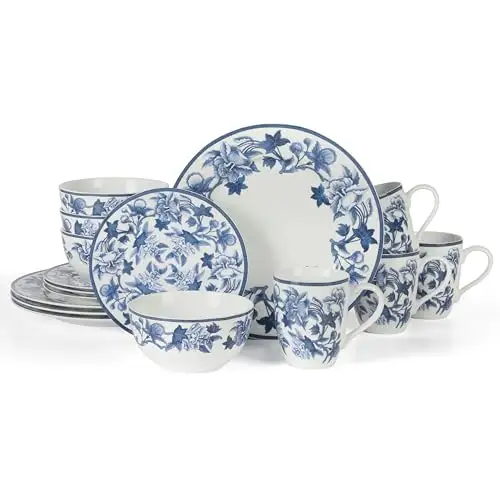 Martha Stewart复古蓝色陶瓷16件餐具套装