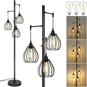 Dimmable Industrial Floor Lamp with 3 LED Edison Bulbs